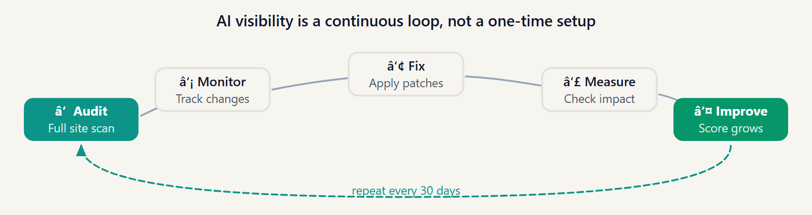 Loop diagram showing audit snapshots, fixes, rechecks, and ongoing monitoring over time.
